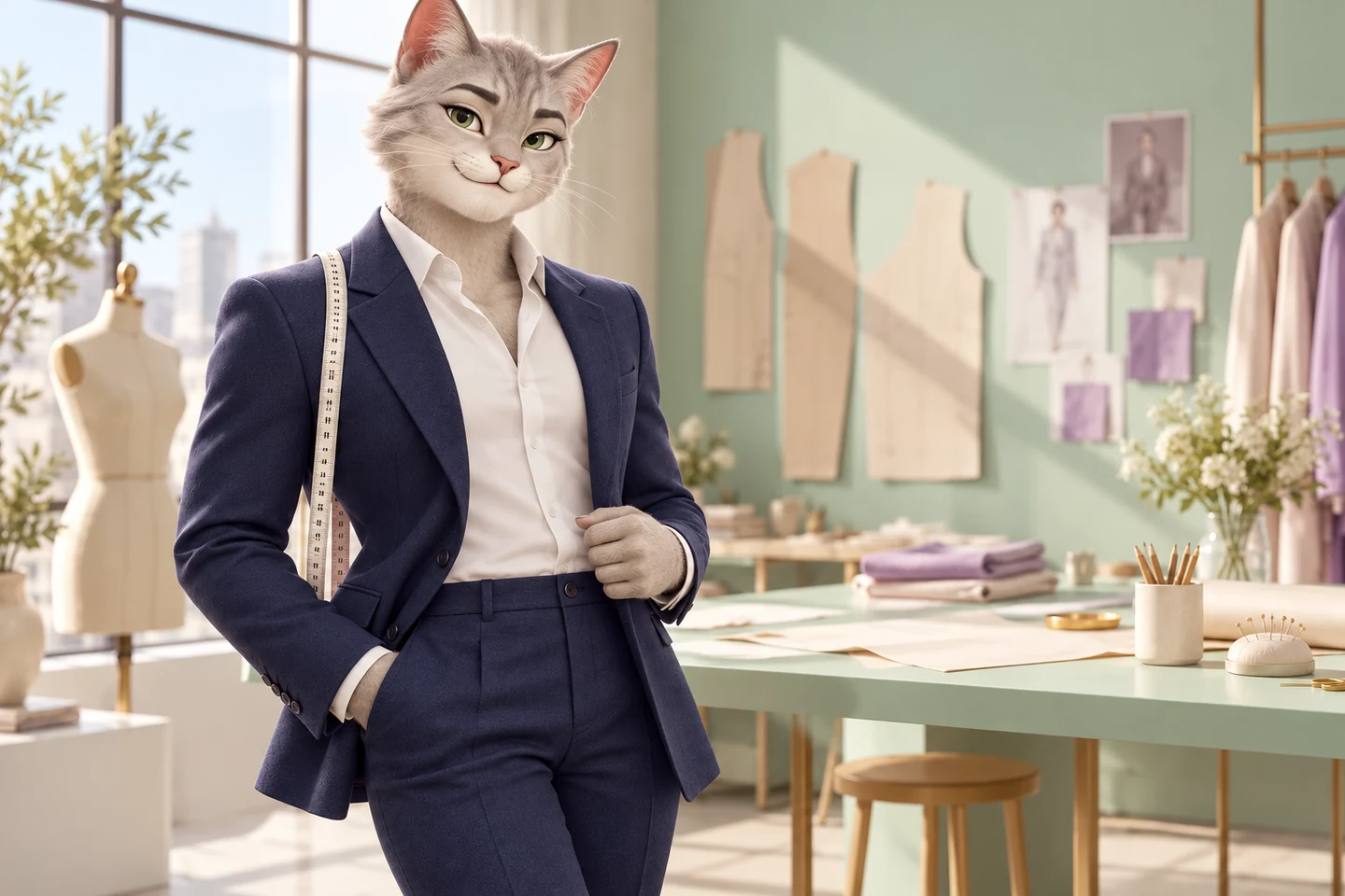 穿深蓝量身西装的灰猫男生,肩搭软尺,站在明亮的量衣工作室;AI 创意形象