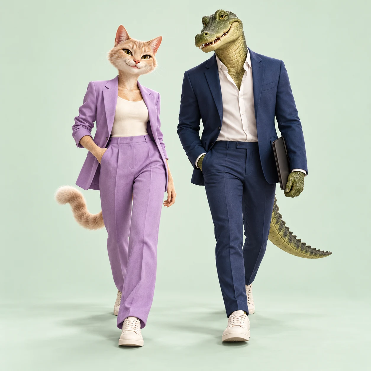 年轻的猫女生与鳄鱼男生，分别穿淡紫色和深蓝色正装，自信开启新的生活篇章；AI 创意动物模特